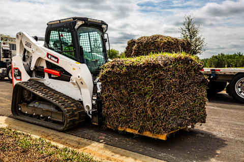 An operator hauling sod at a landscaping site using a pallet fork attached to a Bobcat T650 Classic Compact Track Loader