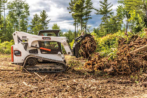An operator removing a dead tree using a root grapple attached to a Bobcat T770 Classic Compact Track Loader
