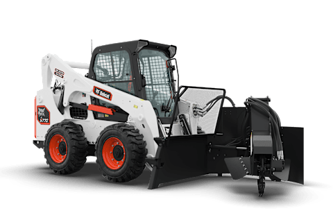A Bobcat Classic S770 Skid-Steer Loader Equipped With a Stump Grinder Attachment Displayed on a White Background