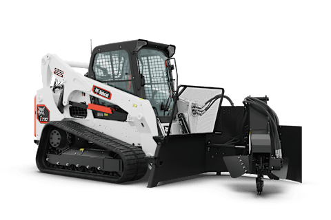 Bobcat T770 Compact Track Loader With Stump Grinder Attachment Displayed on a Clean White Background in a Studio Setting