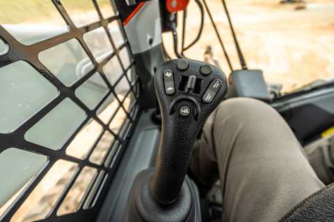 Close-Up View of Joystick Controls Inside the Cab of a Bobcat Pro T76 Compact Track Loader