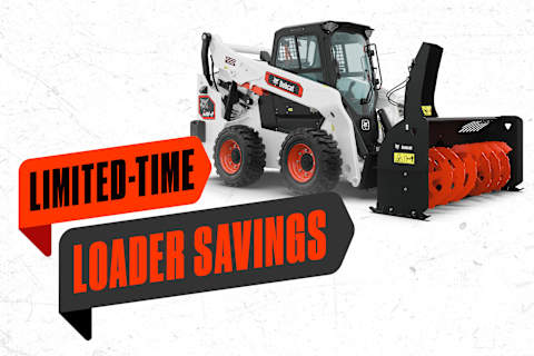 Promotional Graphic Featuring a Bobcat Pro S86-2 Skid-Steer Loader With a Snowblower Attachment and Limited-Time Loader Savings Messaging