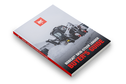Cover of the Bobcat Skid-Steer Loader Buyer’s Guide Featuring a Bobcat Loader Operating in Snow