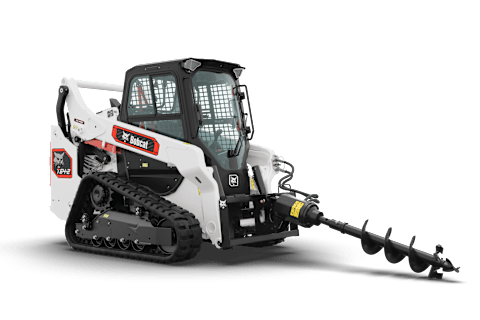 A Bobcat Pro T64-2 Compact Track Loader Equipped With an Auger Attachment Positioned on a Clean White Background