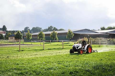 Bobcat compacte tractor CT4050 met afwerkmaaier die gras maait in een paddock op een paardenboerderij