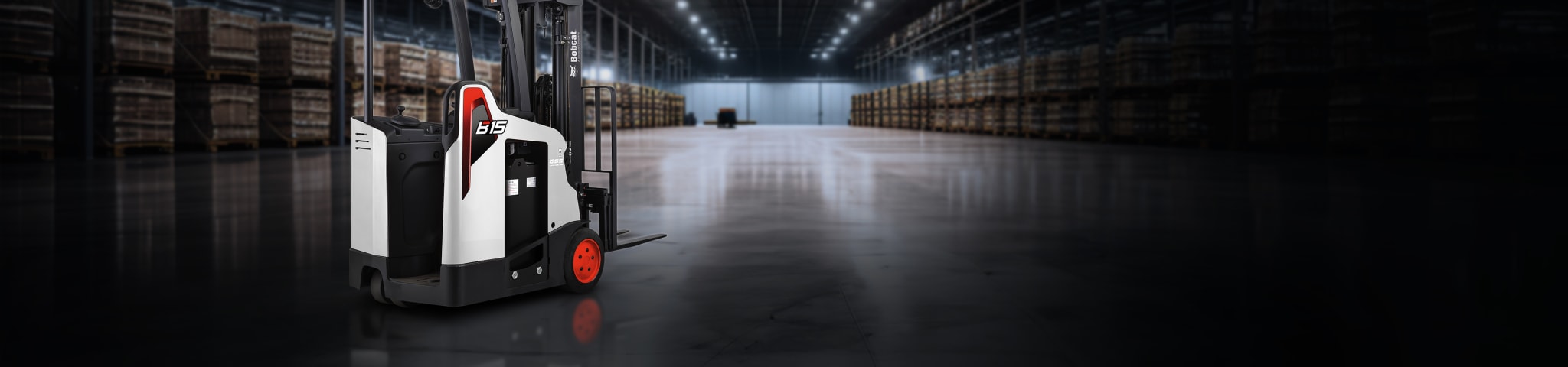 A Bobcat B15SU-9 Forklift in a Dark Warehouse