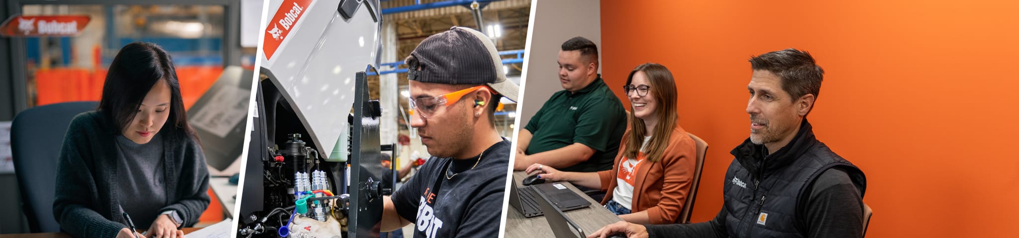 Un collage de tres imágenes con empleados de Bobcat en el trabajo