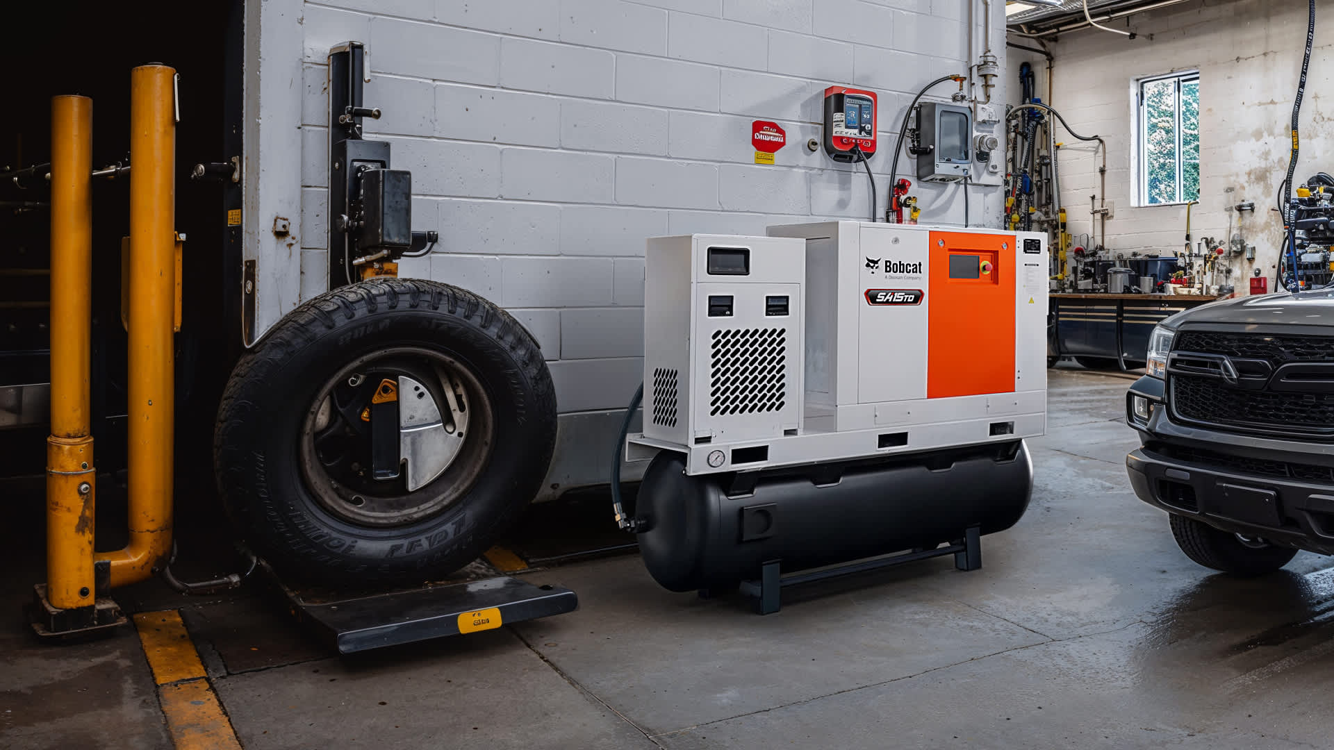 Bobcat SA15TD Industrial Air Compressor Positioned Beside a Tire Service Station and Pickup Truck in an Automotive Service Shop