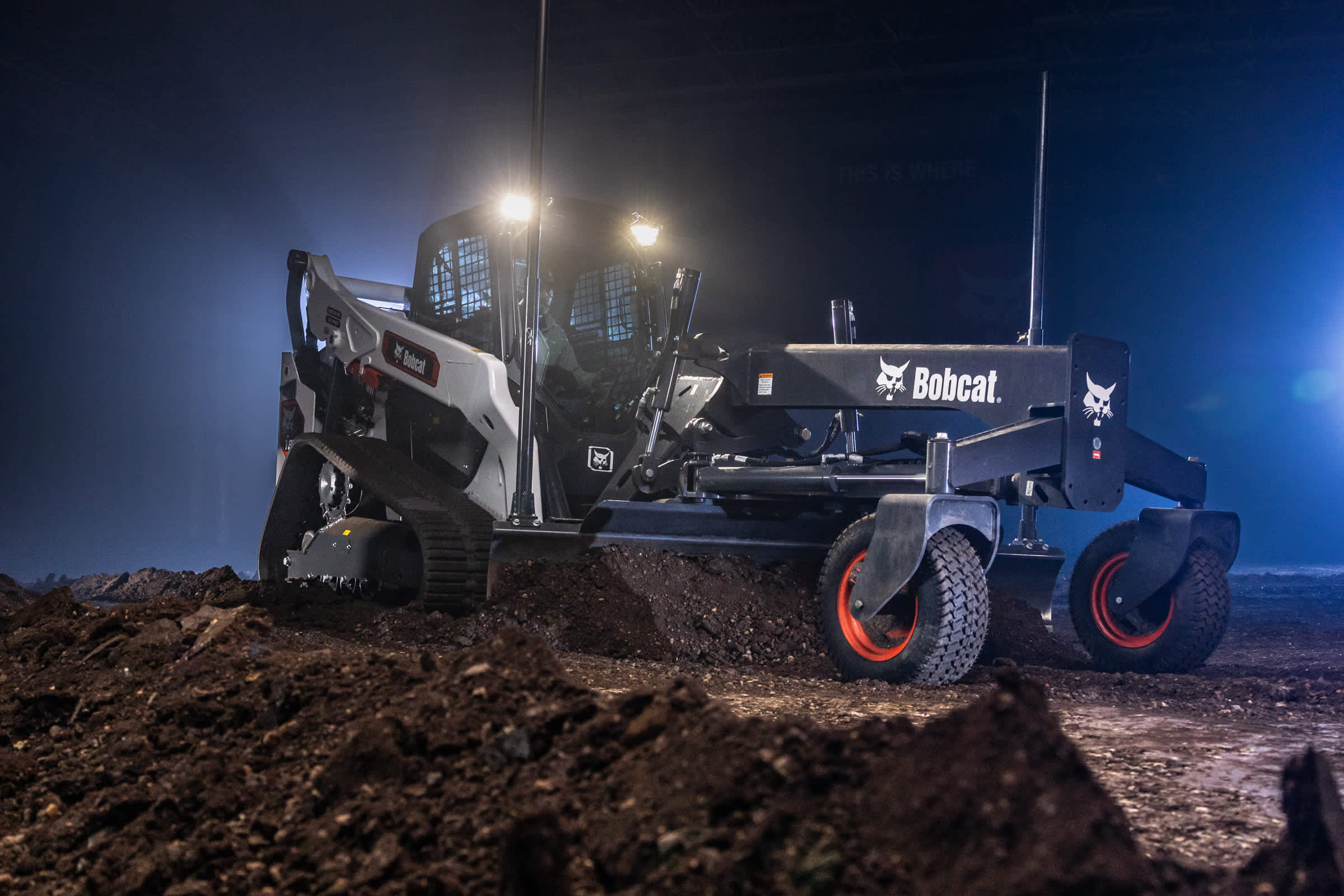 Bobcat Pro T86-2 Compact Track Loader With Grader Attachment and Studio Lighting