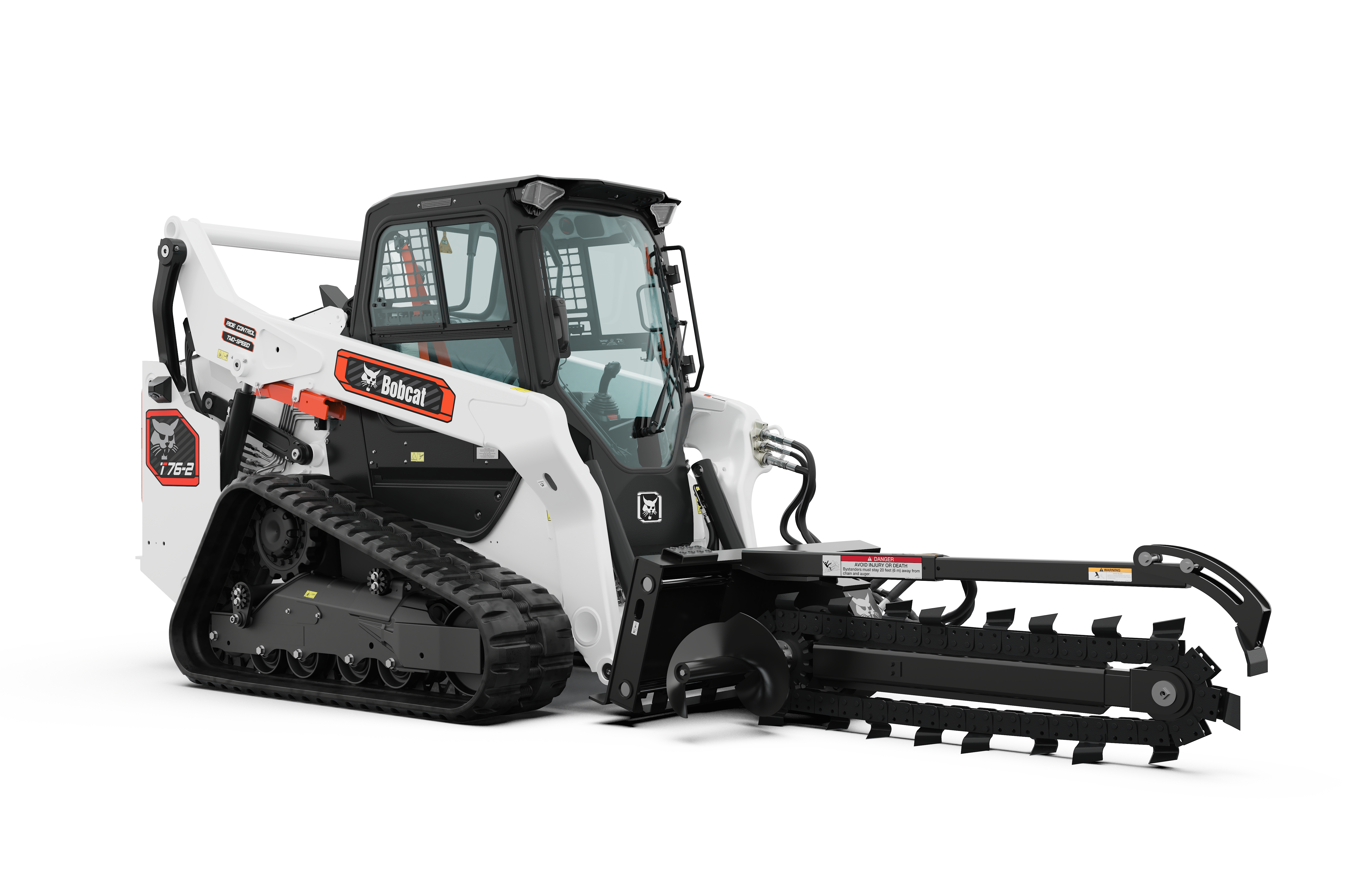 A Bobcat Pro T76-2 Compact Track Loader Equipped With a Trencher Attachment Displayed on a White Background