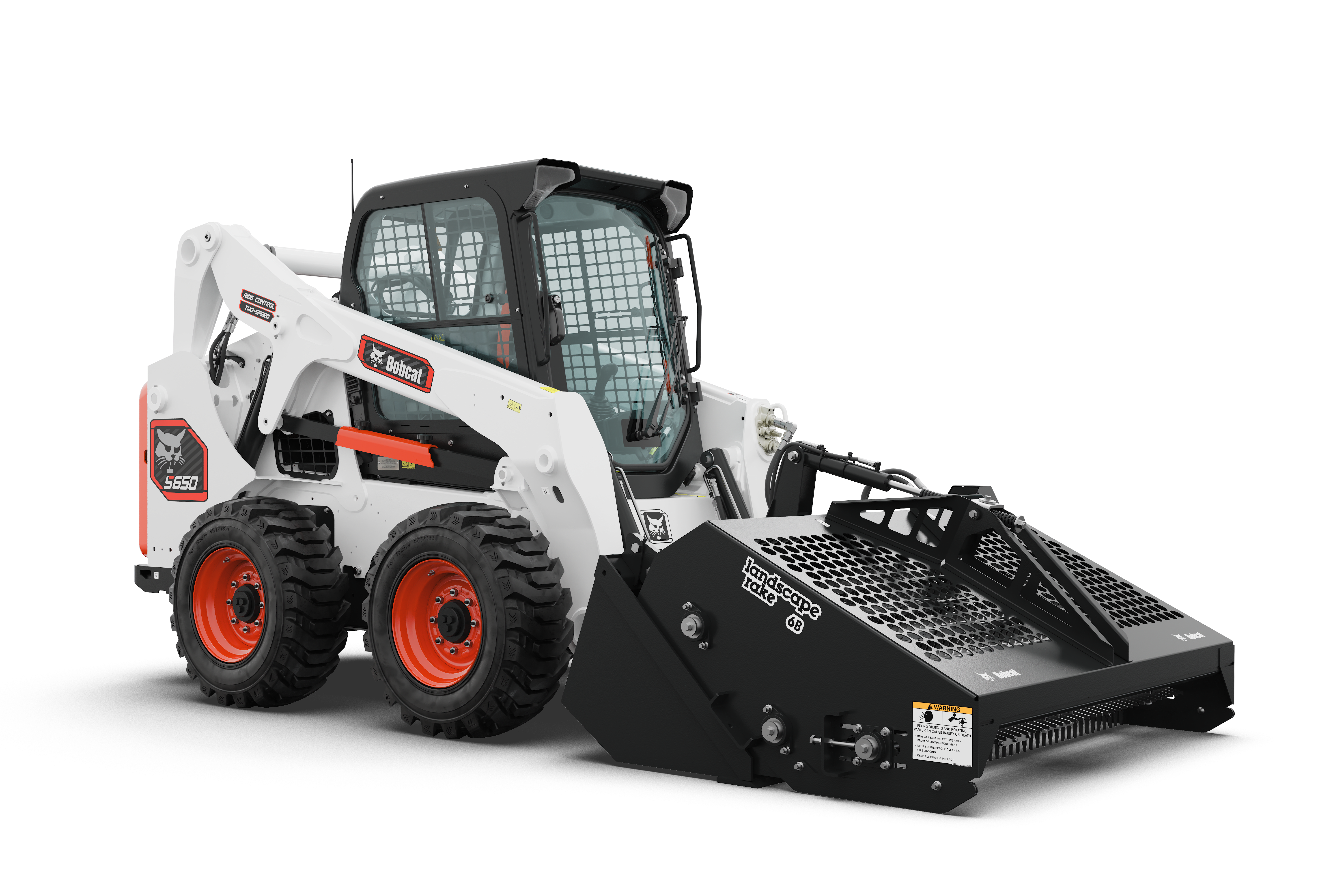 A Bobcat Classic S650 Skid-Steer Loader Equipped With a Landscape Rake Attachment Displayed on a White Background