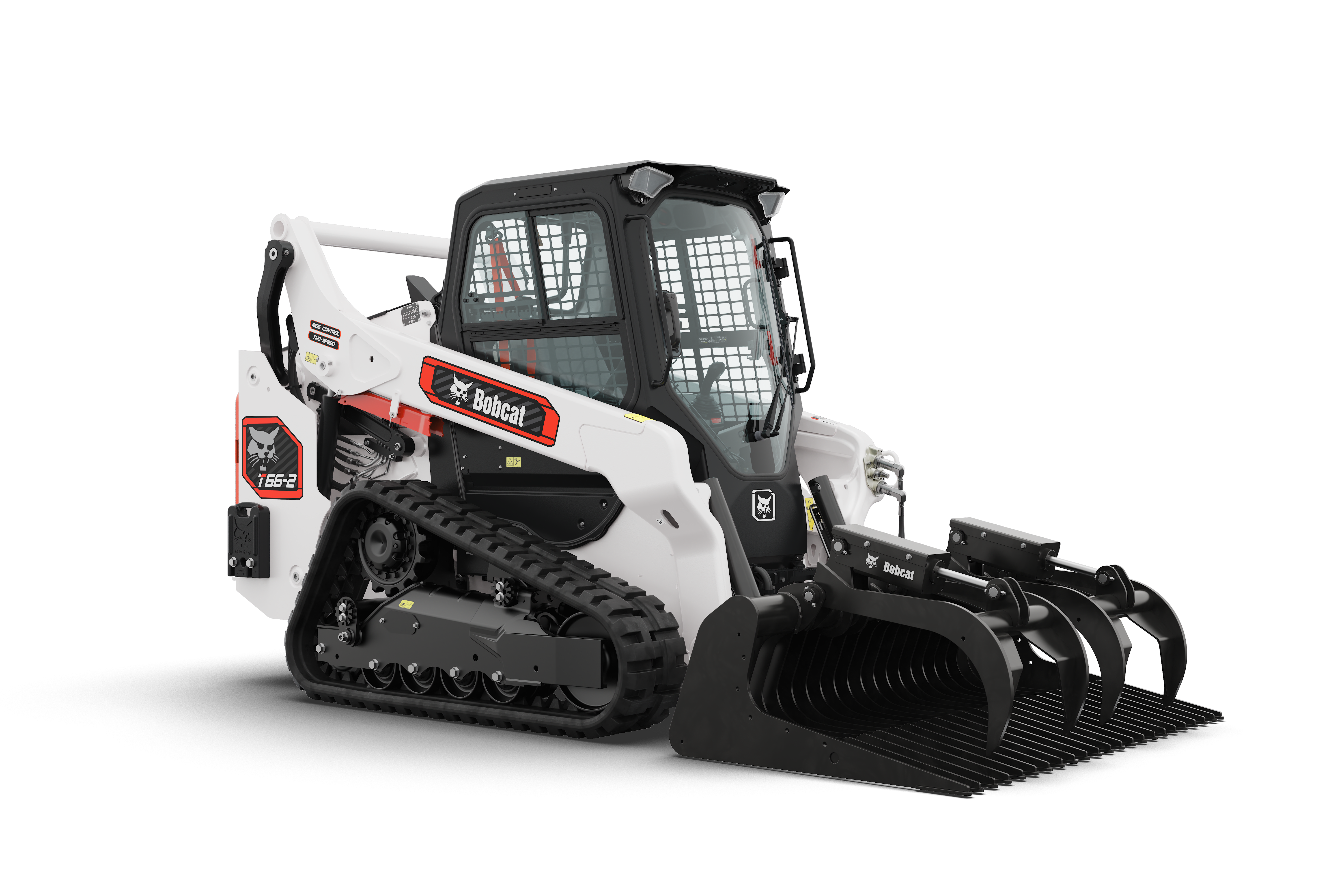 A Bobcat Pro T66-2 Compact Track Loader Equipped With a Rock Bucket Grapple Attachment on a White Background Showing Front Right View