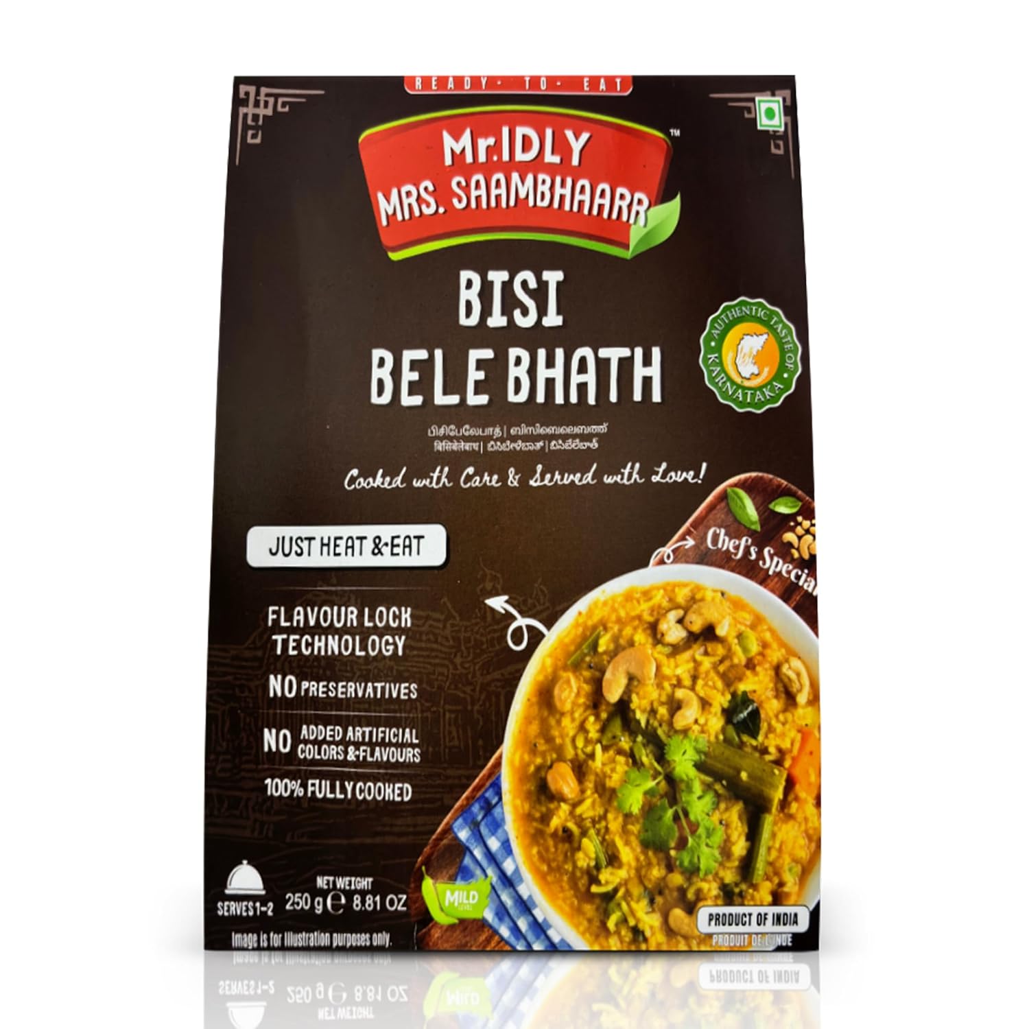 Mr. Idly Mrs. Saambhaarr Bisi Bele Bhath Authentic Karnataka Style One-Pot Meal Ready-to-Eat Mild Spice No Preservatives 100% Natural Ingredients 250g