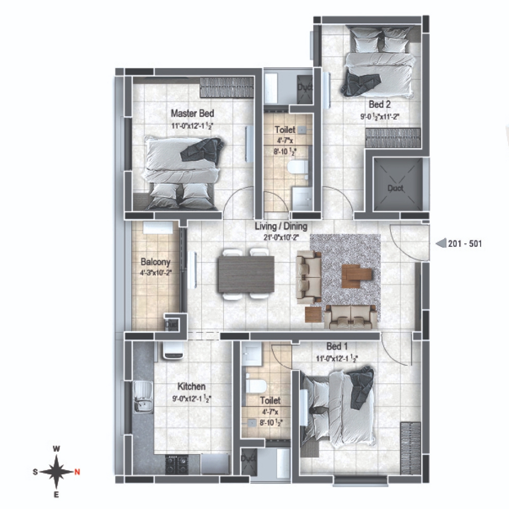 Beena Clover — 3 BHK + 2T — 1264 sq.ft