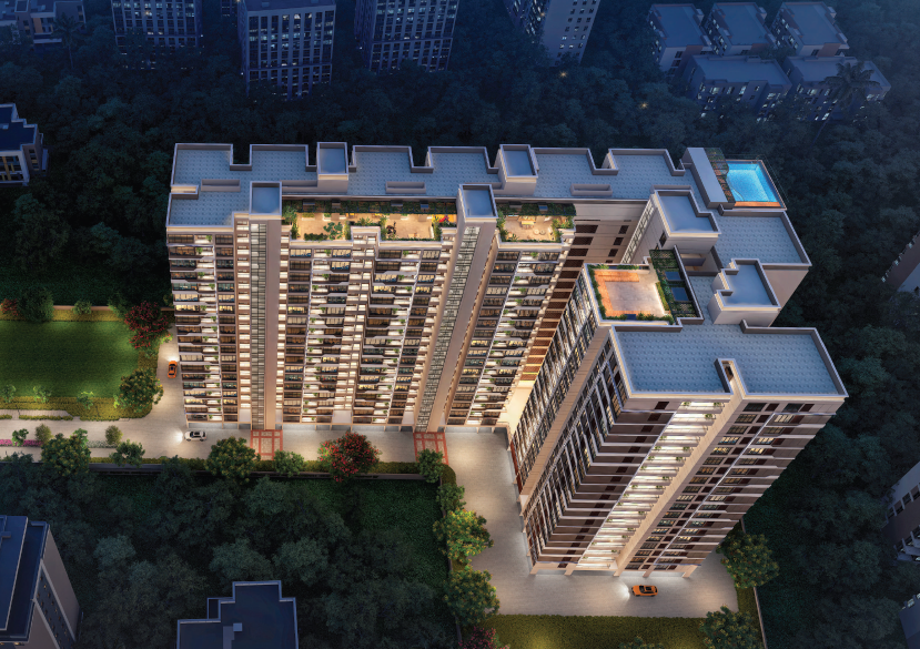 Aerial view with rooftop amenities