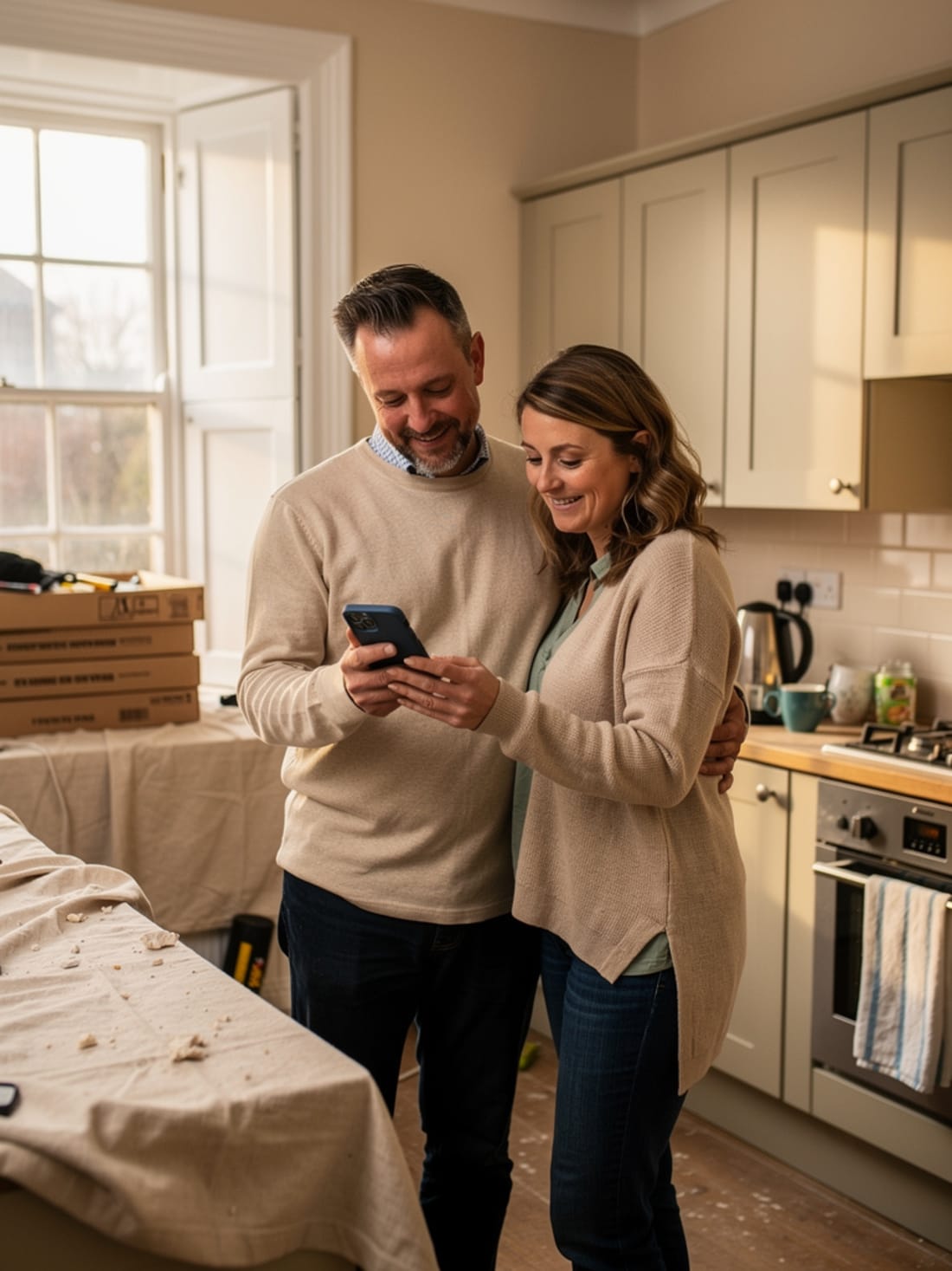 A couple in their part-renovated kitchen reviewing their project together on one phone