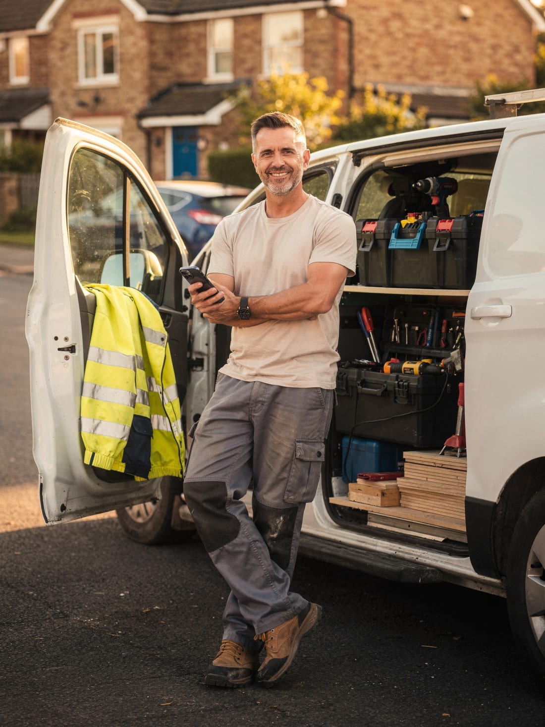 A builder at his van tailgate at golden hour, phone in hand, tools stowed behind him
