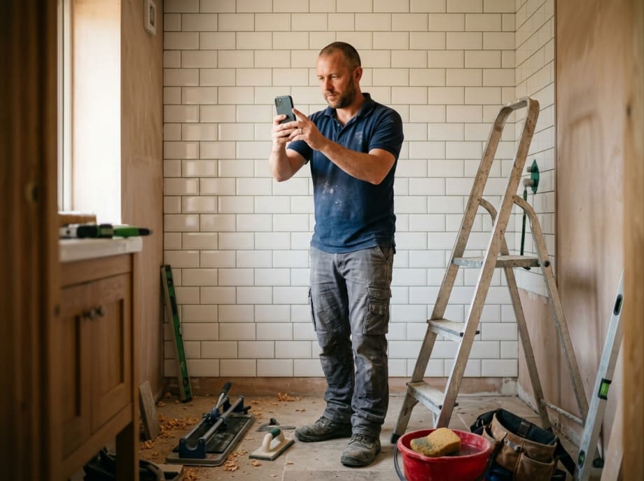 A tiler photographing a freshly tiled bathroom wall with his phone as evidence of the completed stage