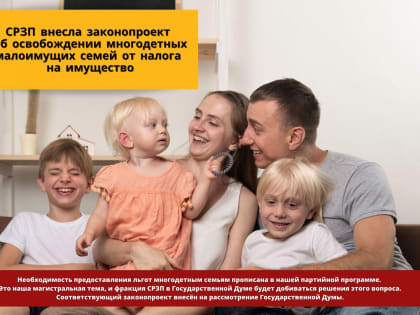 СПРАВЕДЛИВАЯ РОССИЯ – ЗА ПРАВДУ внесла законопроект об освобождении многодетных малоимущих семей от налога на имущество.