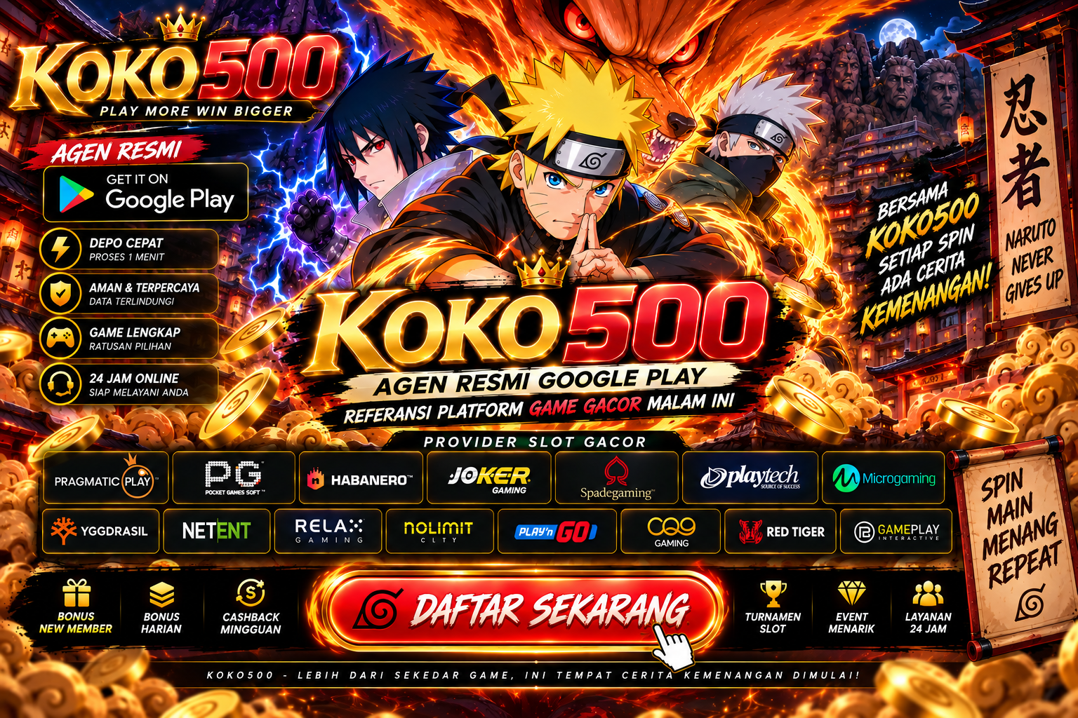 Tampilan utama aplikasi KOKO500 dengan akses permainan digital