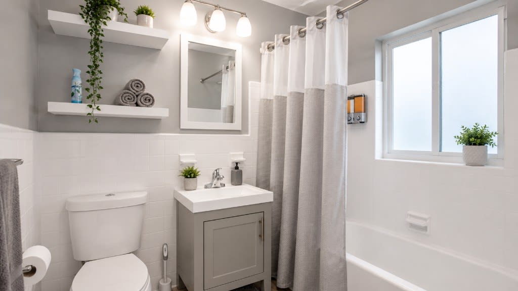 One-bedroom bathroom with grey vanity, bathtub shower combo, and towel shelf