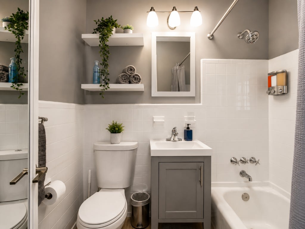 Bathtub with dual showerhead and frosted window for natural light