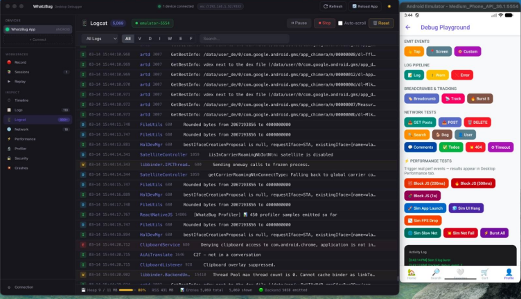 Inspect Android logs and debug events in real time from one unified interface.