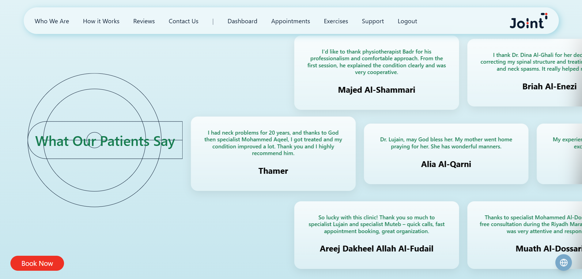 Patient testimonials section