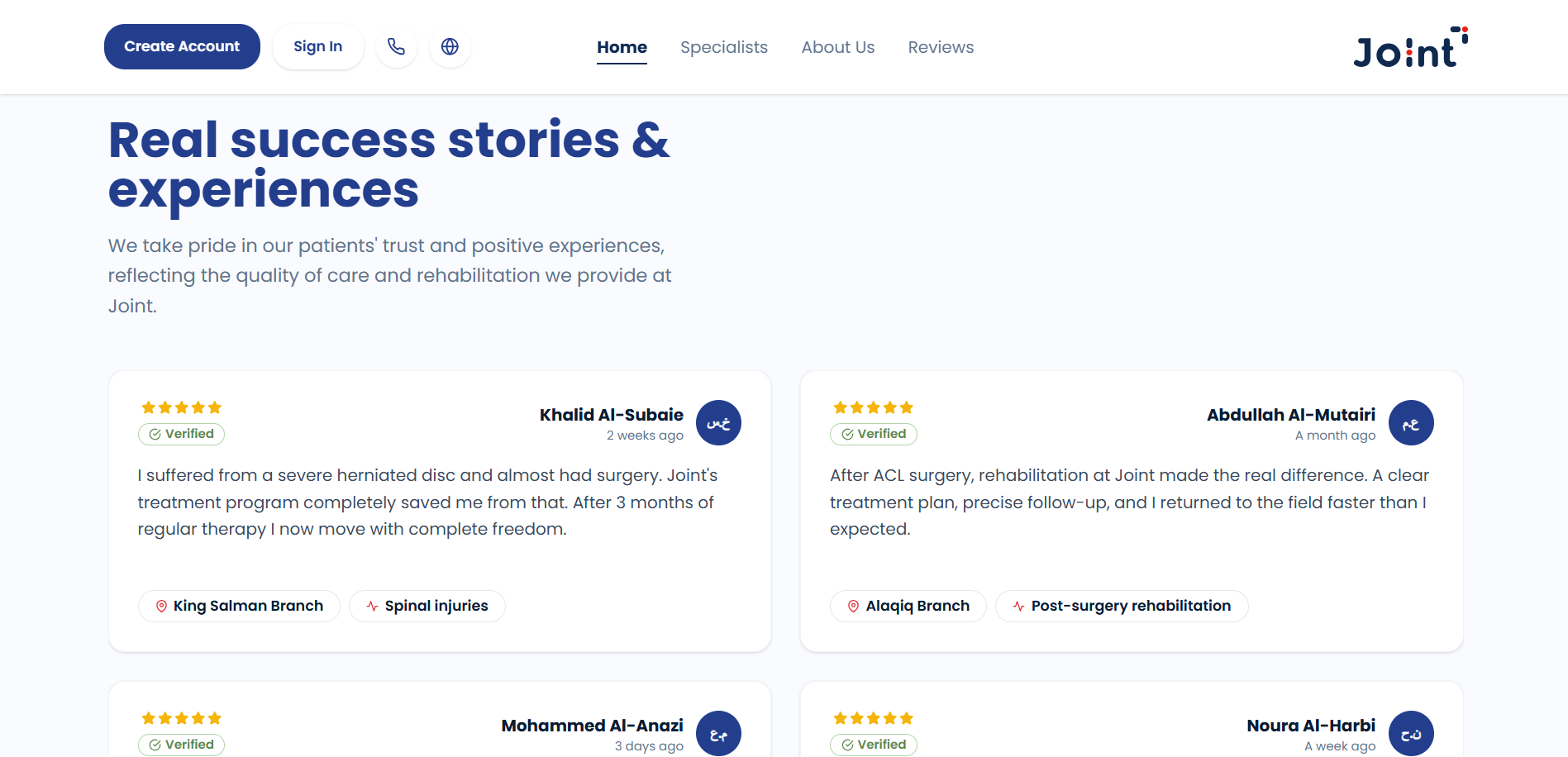 Joint patient reviews and success stories.