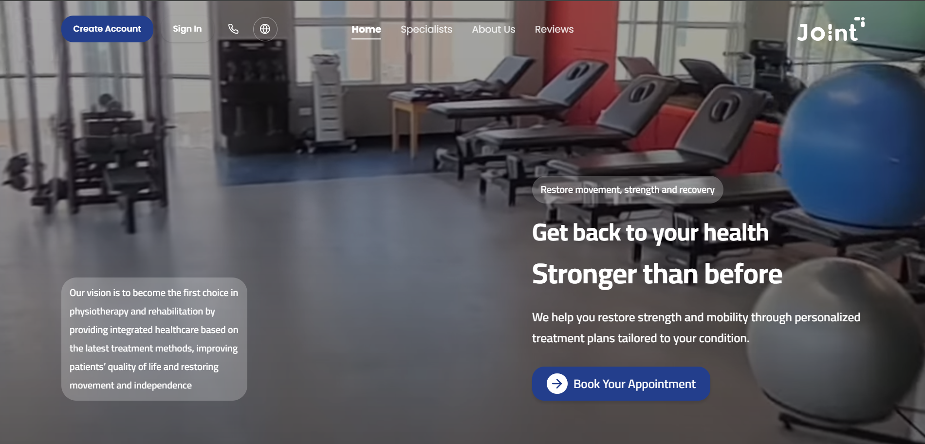 Joint physiotherapy and rehabilitation homepage hero.