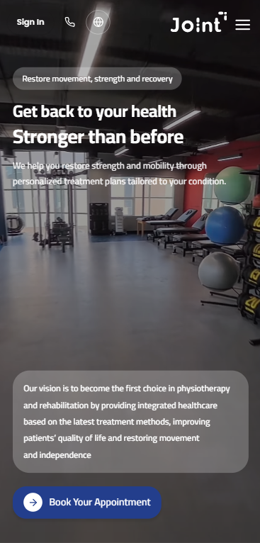 Joint physiotherapy and rehabilitation homepage hero.