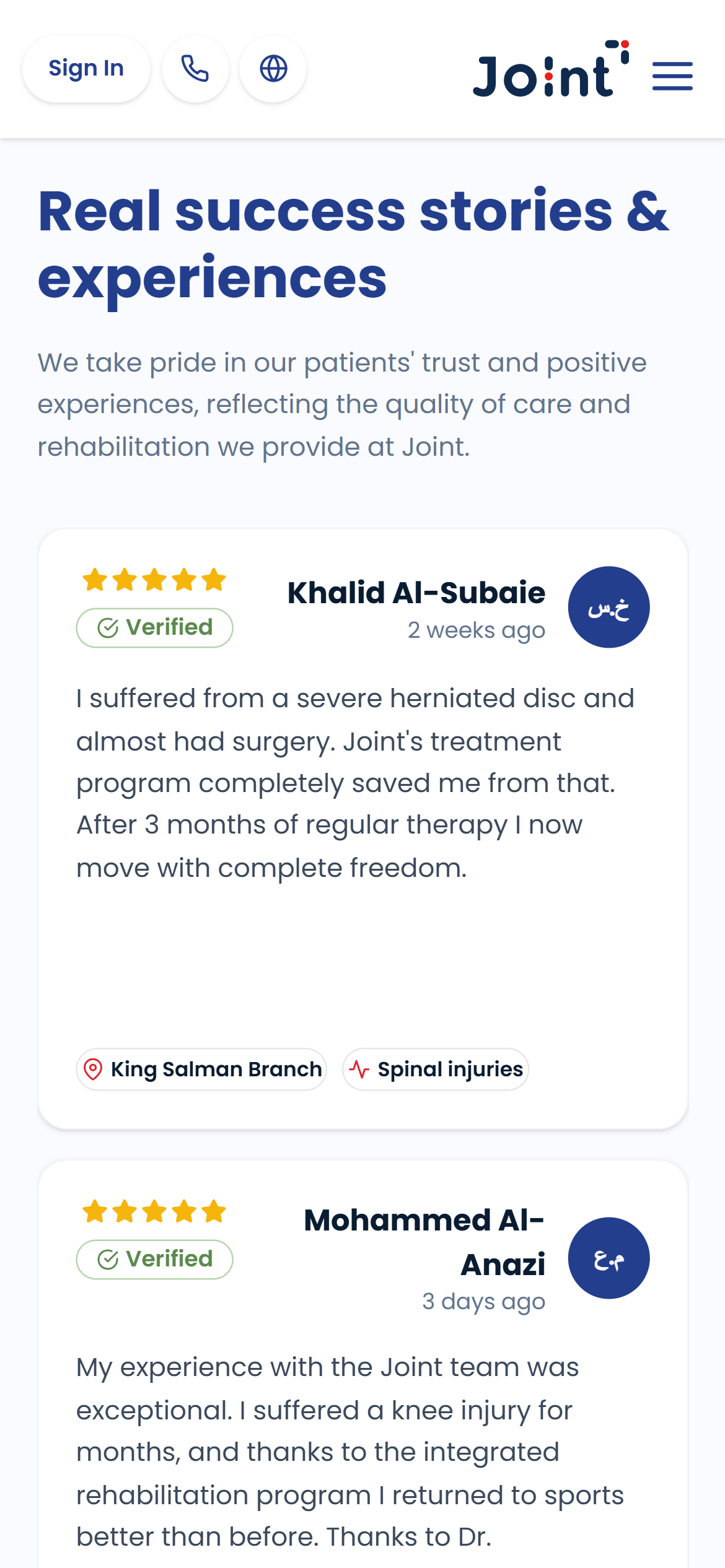 Joint patient reviews and success stories.