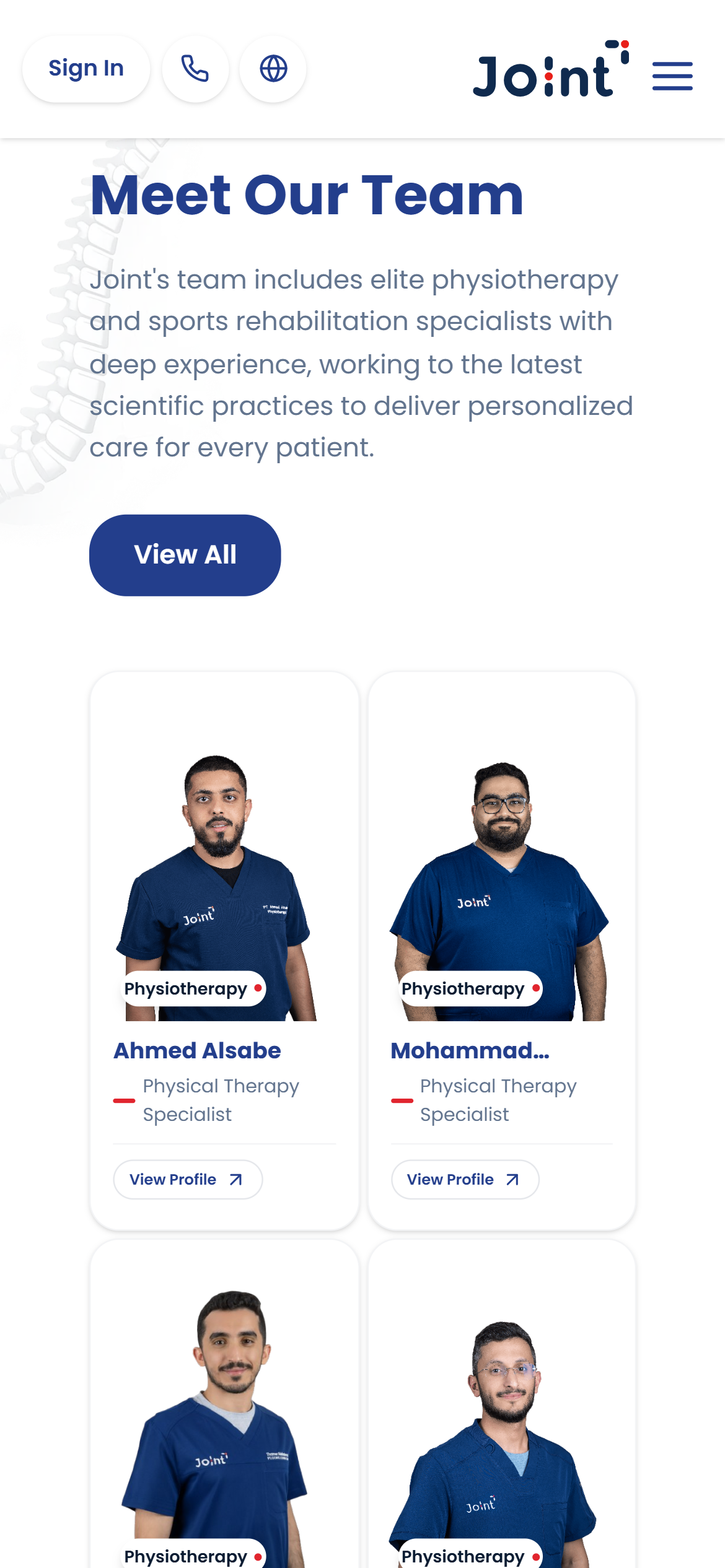 Joint physiotherapy and rehabilitation team.