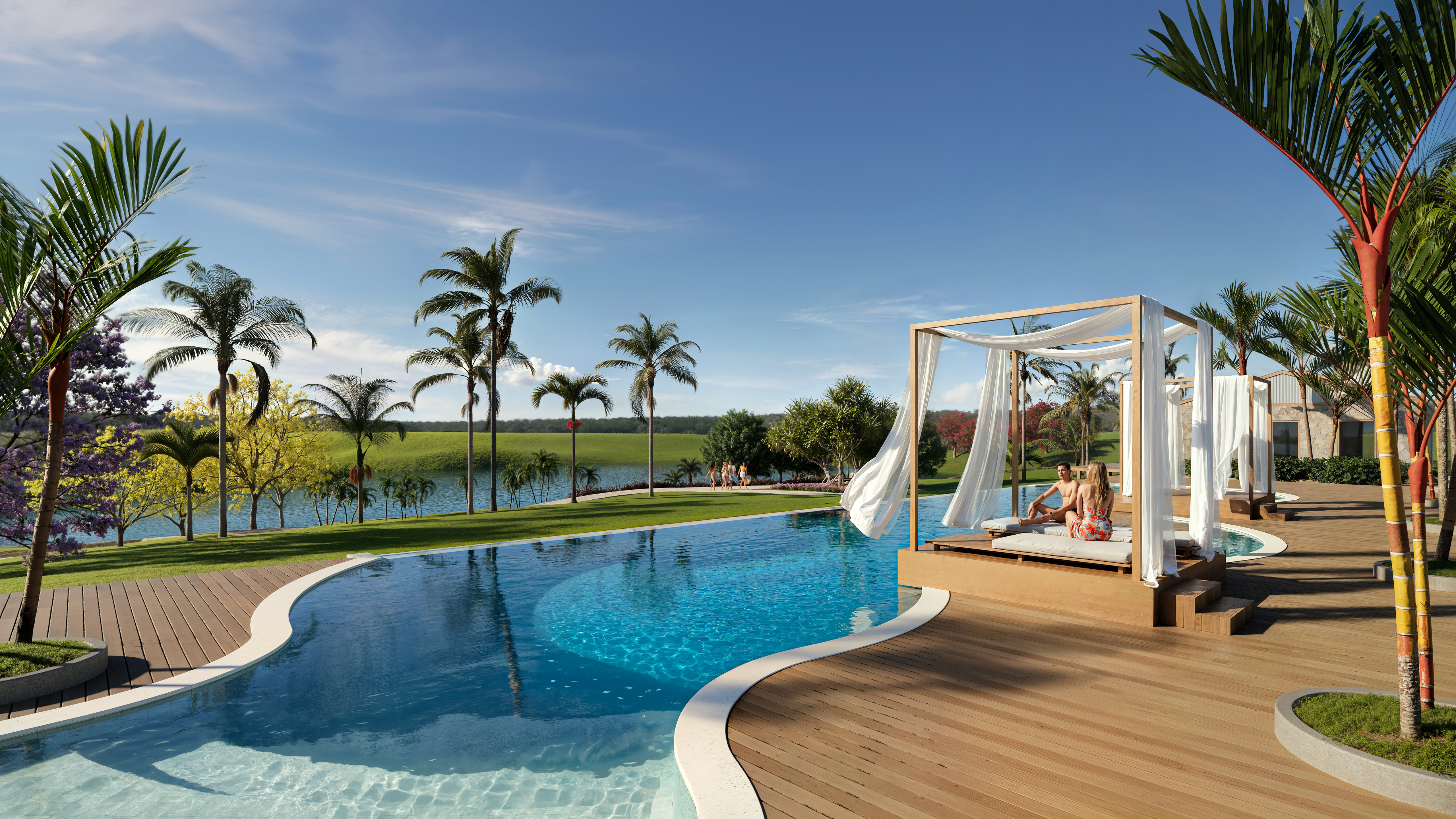 Piscina adulto com borda infinita e vista para o lago