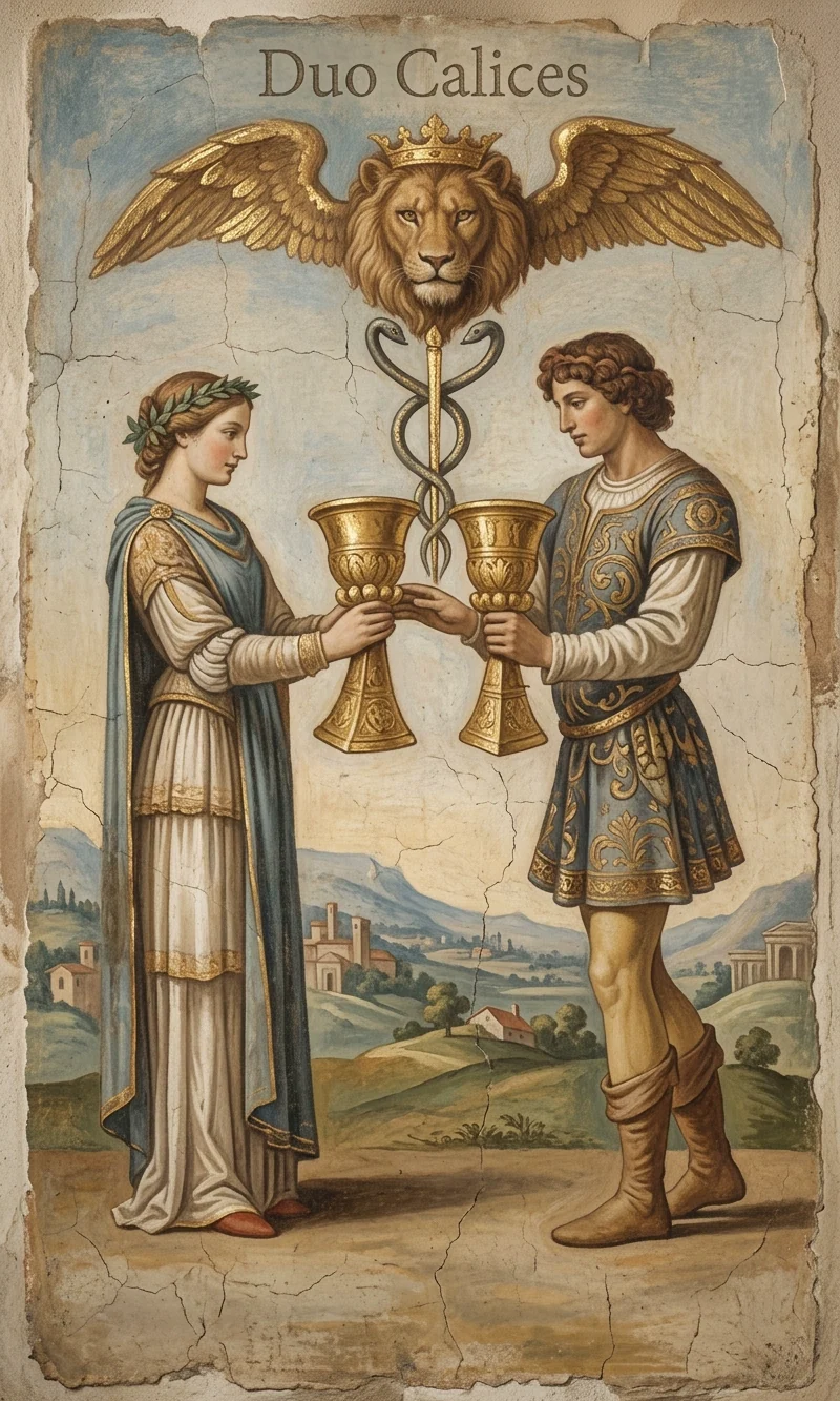 Two of Cups — Raider-Waite fresco, 36 Codex canon.