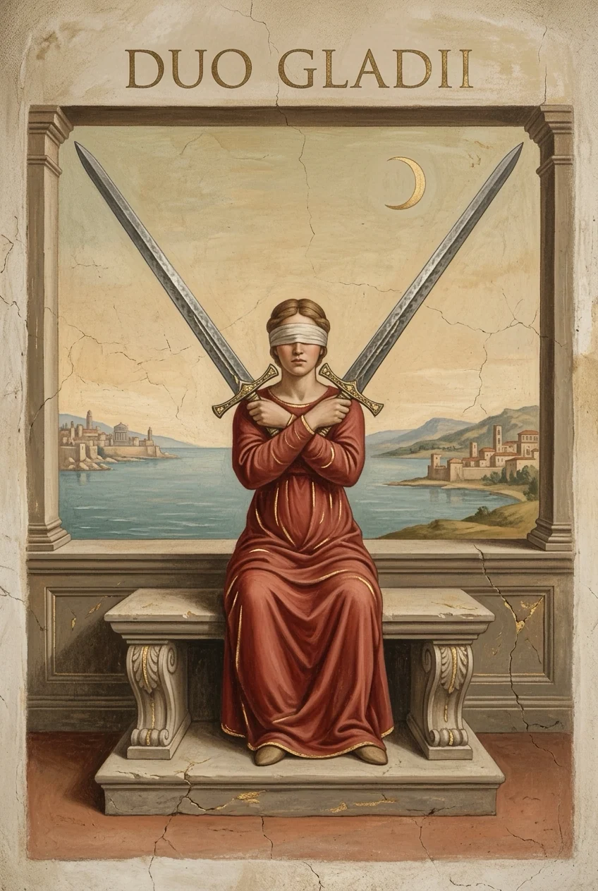 Two of Swords — Raider-Waite fresco, 36 Codex canon.