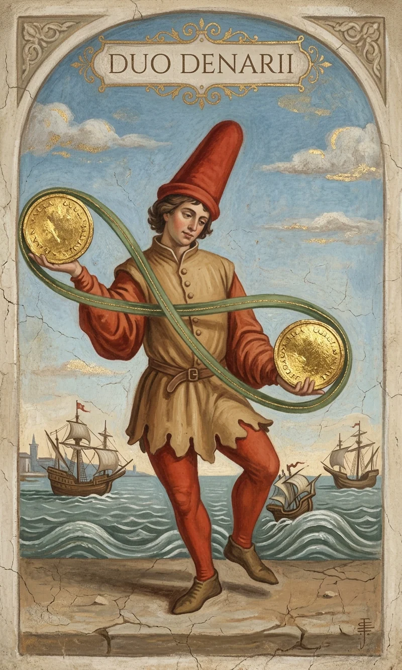 Two of Pentacles — Raider-Waite fresco, 36 Codex canon.