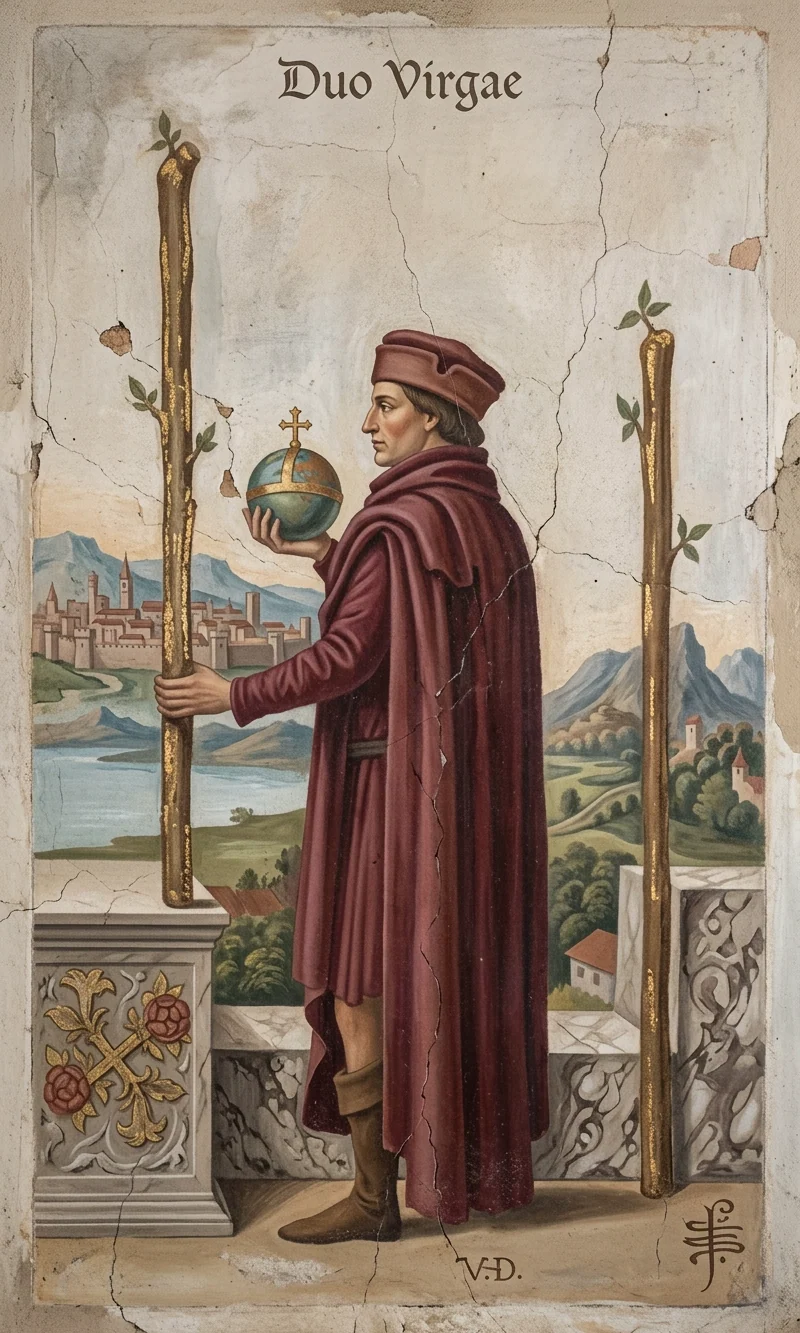 Two of Wands — Raider-Waite fresco, 36 Codex canon.