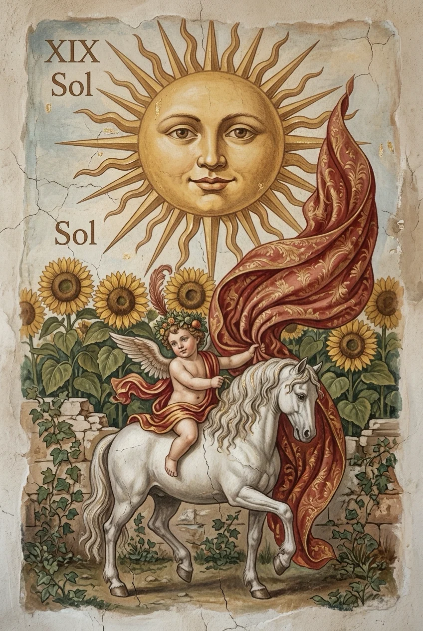 The Sun — Raider-Waite fresco, 36 Codex canon.
