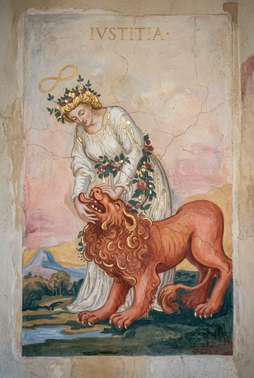 Strength — Raider-Waite fresco, 36 Codex canon.