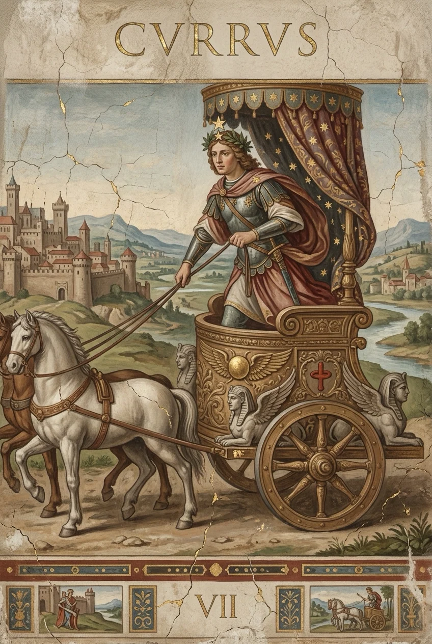 The Chariot — Raider-Waite fresco, 36 Codex canon.