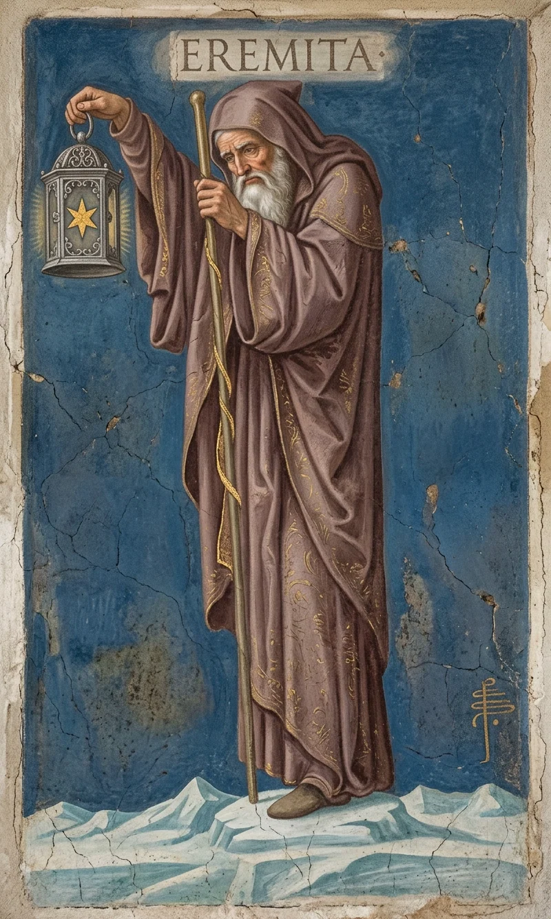 The Hermit — Raider-Waite fresco, 36 Codex canon.