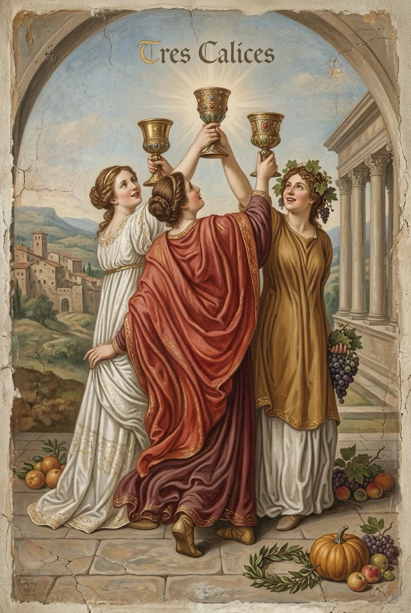 Three of Cups — Raider-Waite fresco, 36 Codex canon.