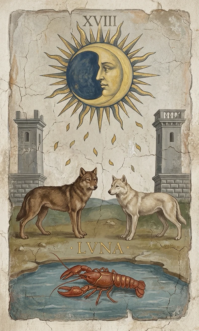 The Moon — Raider-Waite fresco, 36 Codex canon.