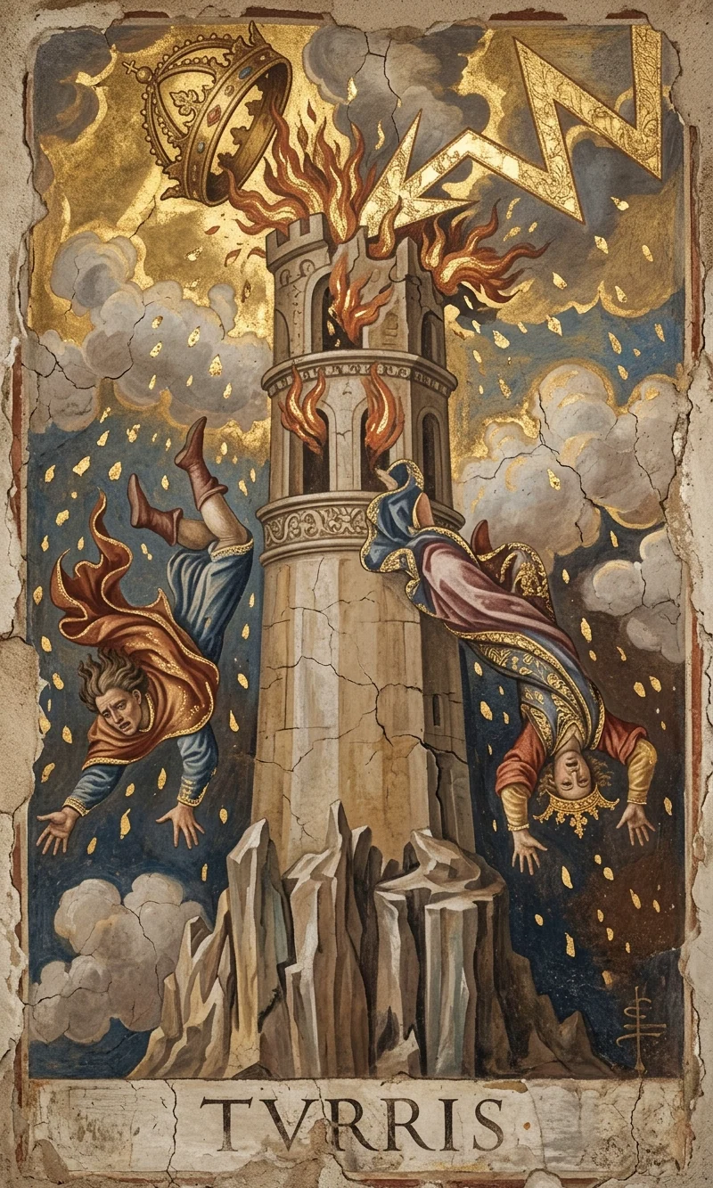 The Tower — Raider-Waite fresco, 36 Codex canon.