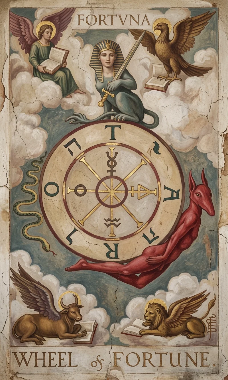The Wheel of Fortune — Raider-Waite fresco, 36 Codex canon.