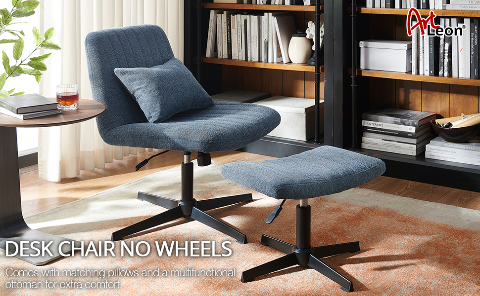 Art Leon Desk Chair No Wheels, with Foot Rest Ottoman and Lumbar Pillow,  Mid Century Modern Chair, Adjustable Height Swivel Accent Chair for Living