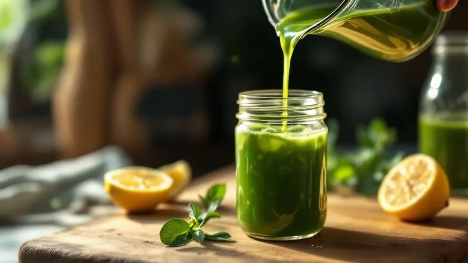 Cold-pressed green juice pouring into a mason jar on a wooden counter in morning light.