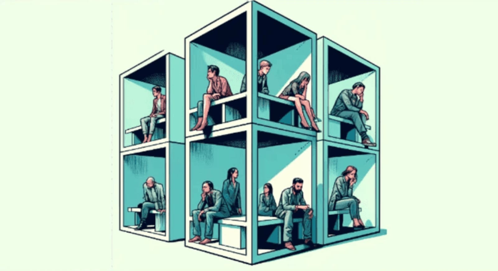 Illustrated research repository with people arranged across connected knowledge spaces