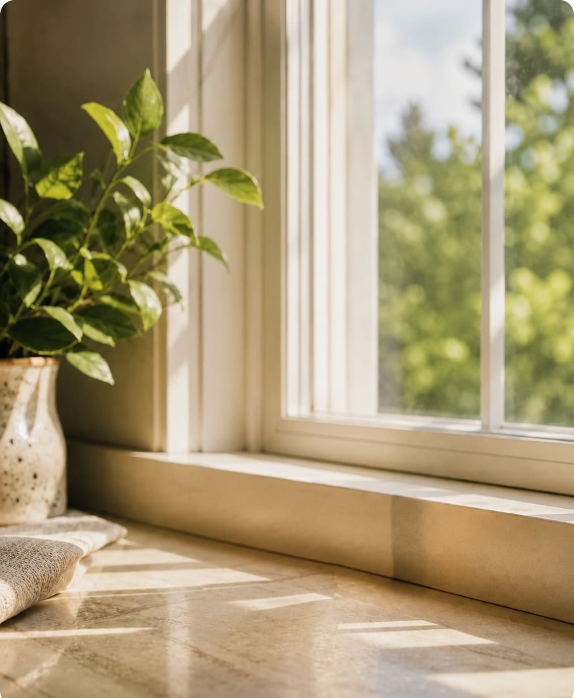 Murphy Greens window corner with warm morning light.